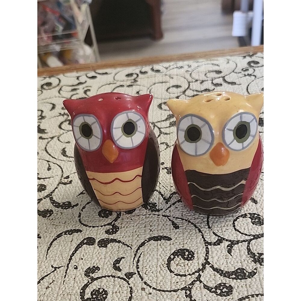 Ceramic Owl Salt & Pepper Shakers - Red and Yellow